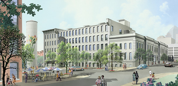 Rendering of the historic white brick Old Bull and Noell building in the American Tobacco complex.